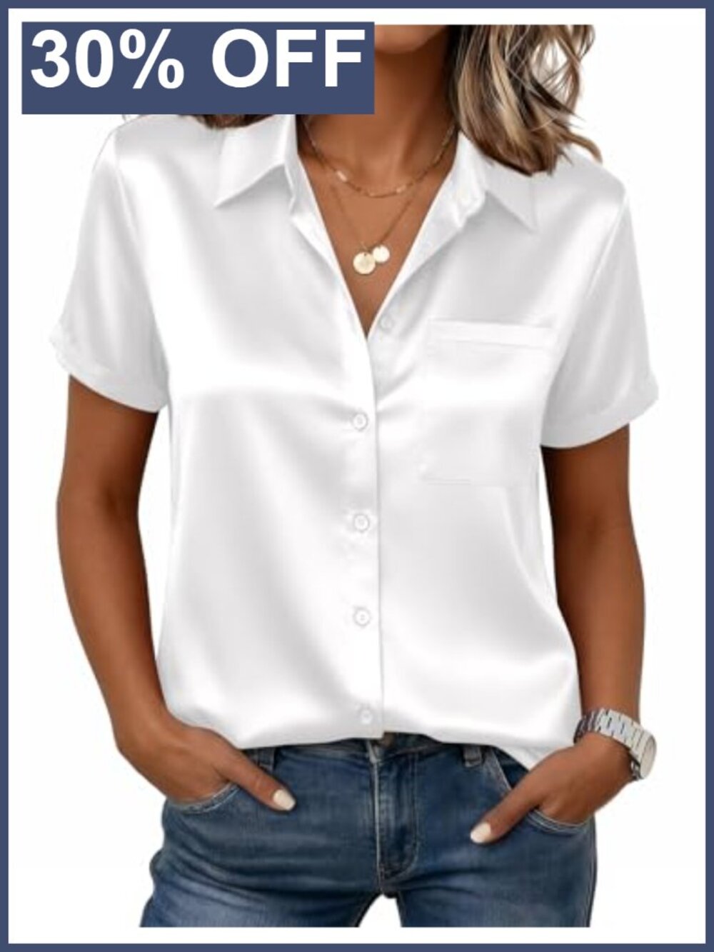 Satin Silk Button Down Blouse Short Sleeve V-Neck Women's Top